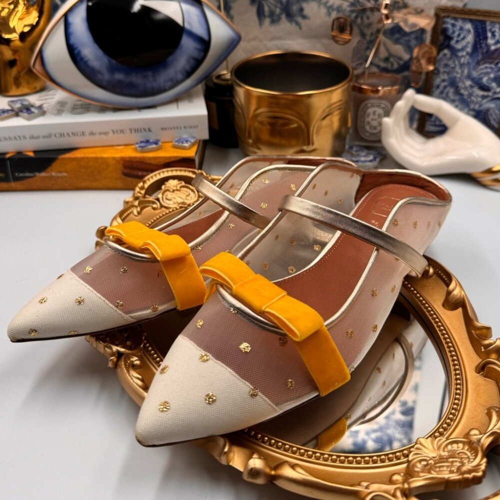 🆕 MALONE SOULIERS 🧿 BNWOB White Mesh Mules with Yellow Velvet Bow Size 39 - 9 - Picture 12 of 15